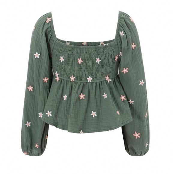 Boho Green Floral Embroidered gauze Long Sleeve Blouse - Picture 5 of 6